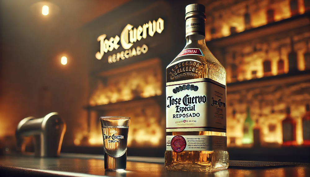 Пляшка текіли Jose Cuervo Especial Reposado на барній стійці з келихом